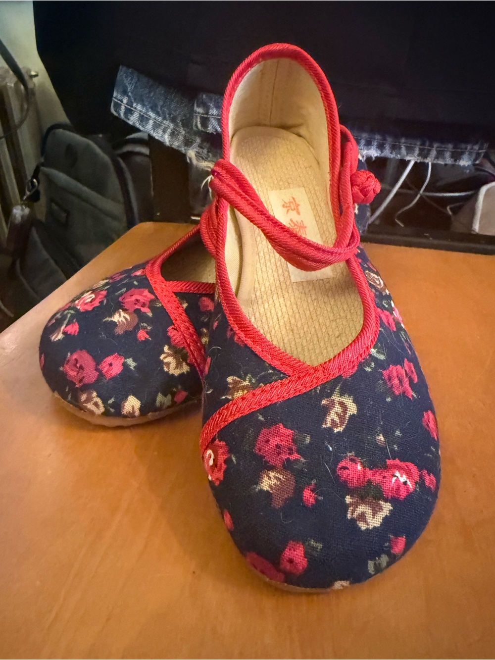 Women’s Black Floral Mary Jane Shoes with Red Trim